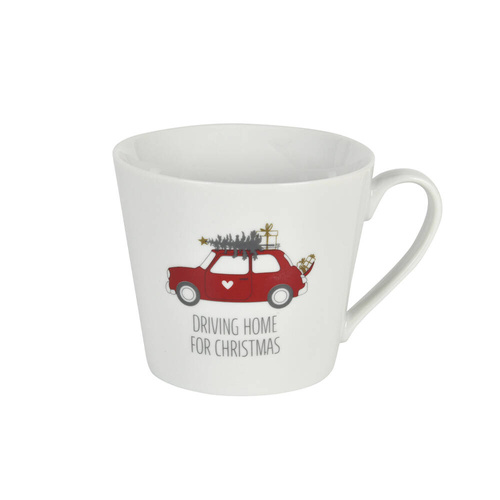 Kubek świąteczny porcelanowy Driving Home for Christmas Krasilnikoff Danish Design biały H9cm 350ml