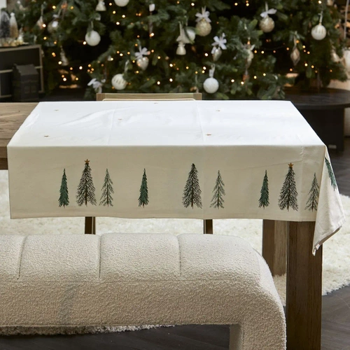 Riviera Maison Obrus bawełniany Winter Forest Table Cloth 270x150cm ciepły odcień bieli