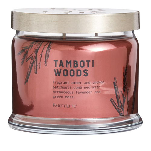 Partylite Świeca sojowa 3 knotowa w szkle Tamboti Woods Kora Drzewa Sandałowego 375g