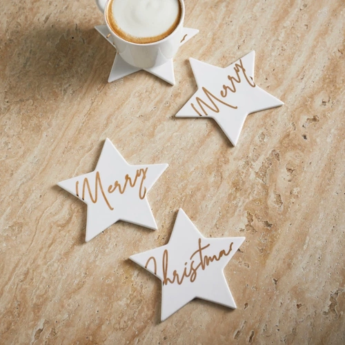 Riviera Maison Podkładki porcelanowe pod kieliszek/kubek gwiazdki Merry Christmas Star Coasters 4 szt kolor biały/złoty